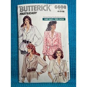 Butterick Sewing Pattern 6608 Button up shirt blouse peplum 1980s size 8 10